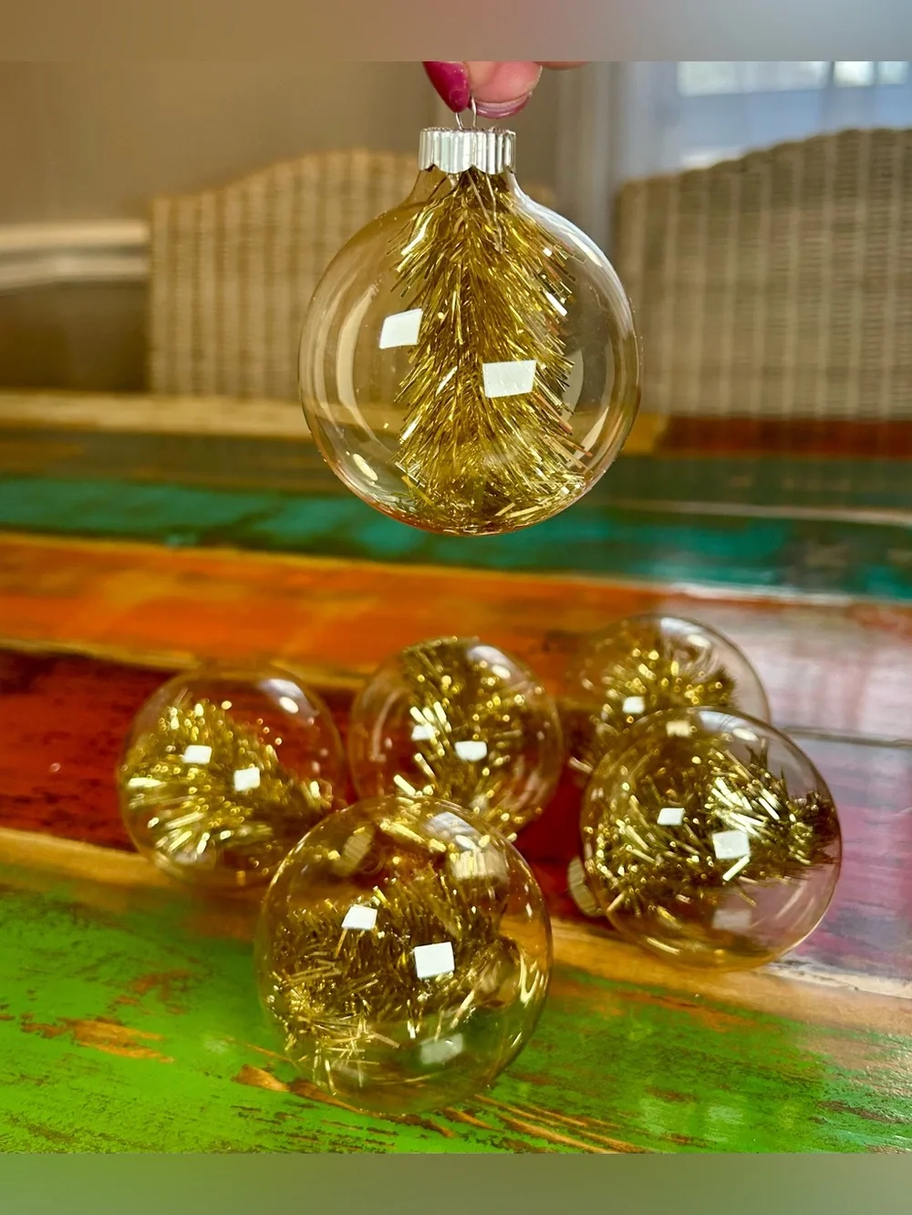Vintage Martha Stewart Golden Luster Clear Glass Tinsel Ball Ornaments Set of 6